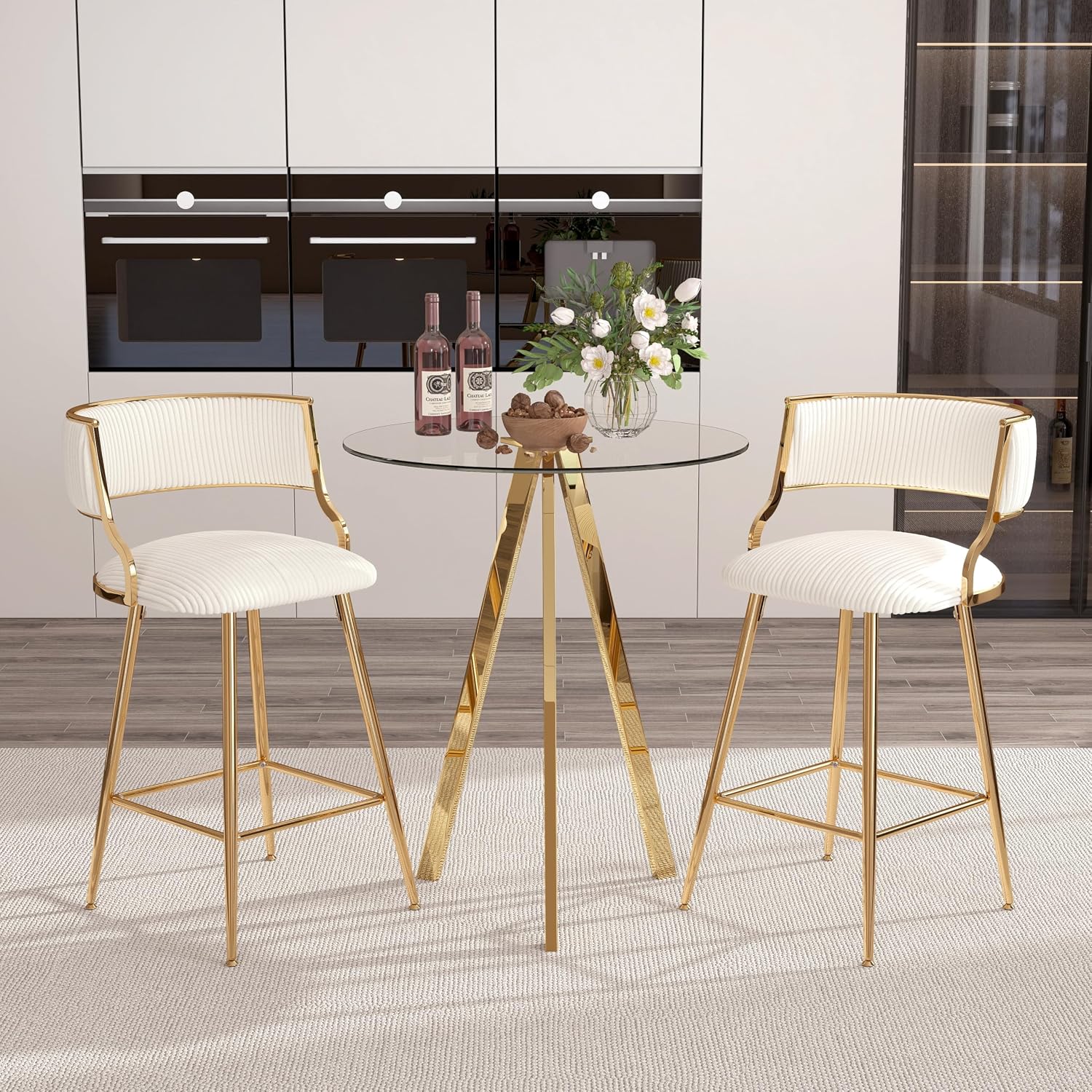 Round Bar Table, 37.4" High Pub Table, 31" Small Cocktail Table with Metal Base & Glass Top, for Small Spaces, Bistro Pub, Cafe(Gold)