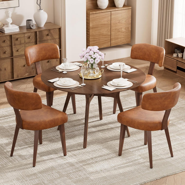 Mid-Century Dining Chair Set of 4, Upholstered Kitchen Chair with T-Shaped Back, Faux Leather with Wood Grain Metal Legs, Comfortable Padded Seat forKitchen, Living Room, Brown(Only Chairs)