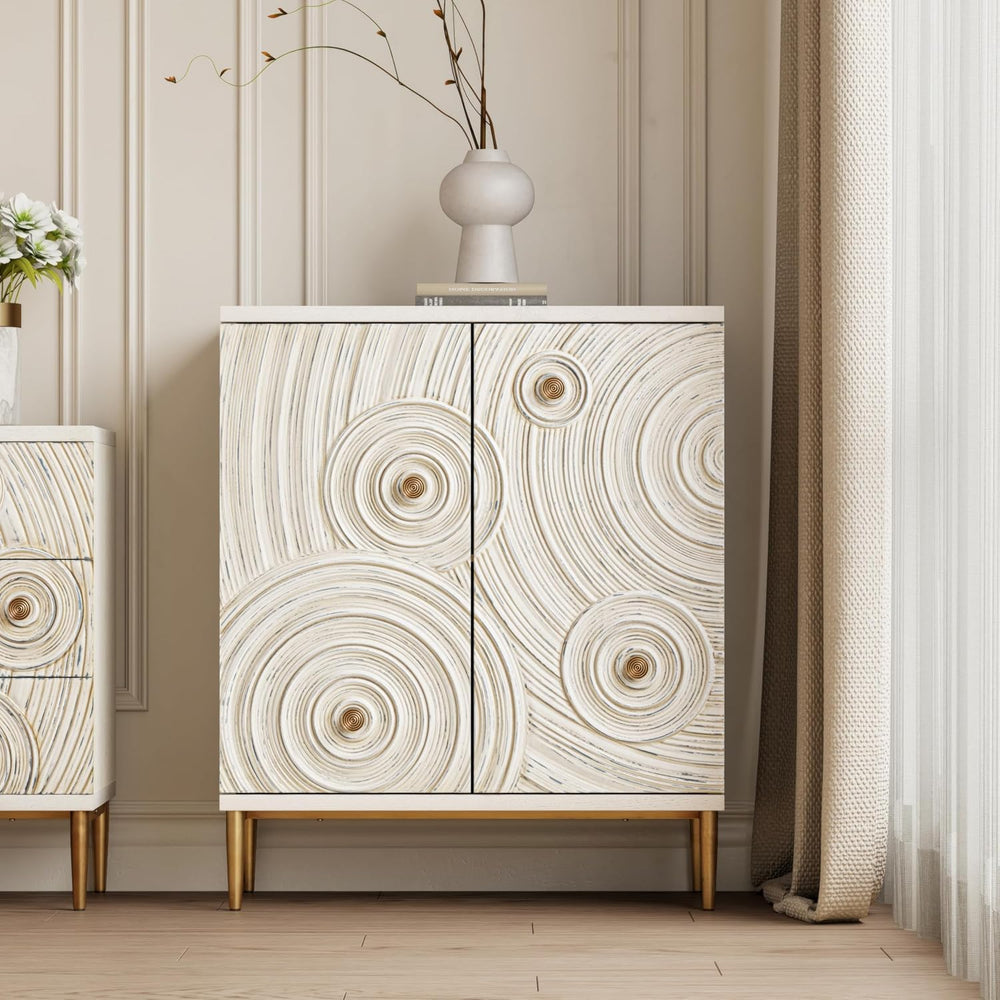 Aoikax Boho Embossed 2 Door Storage Cabinet with Ring Motif, White and Gold