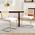 Zesthouse Natural Rattan Dining Chairs Set of 2, White Cesca Chairs with Cane Mesh & Stainless Chrome Base, Mid Century Modern Dining Room Chair, Upholstered Linen Kitchen Chair with Solid Wood Back