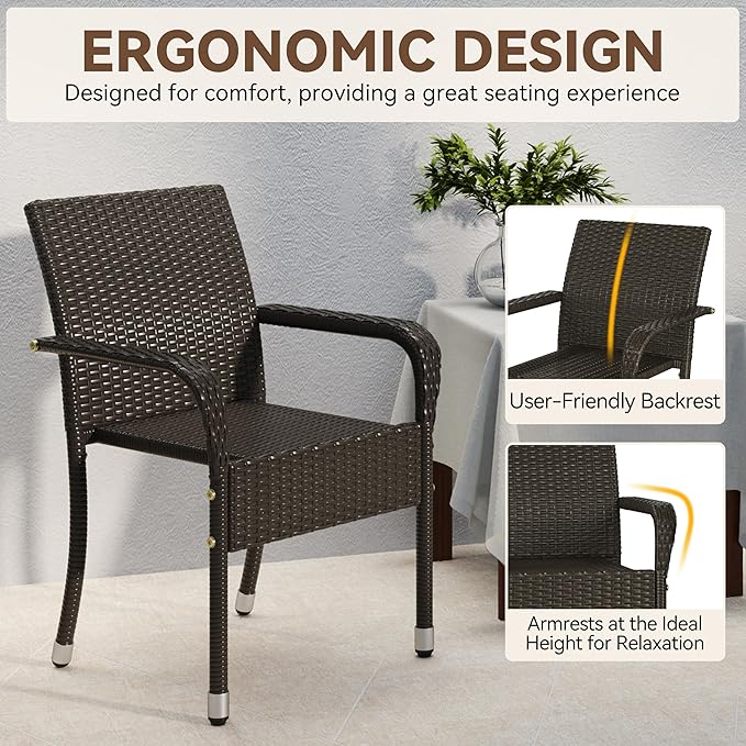 Yaheetech Set of 4 Stackable Outdoor Rattan Dining Chairs, All-Weather Armchair w/Armrests, Steel Frame for Garden, Patio, Deck, Yard, Poolside, Brown