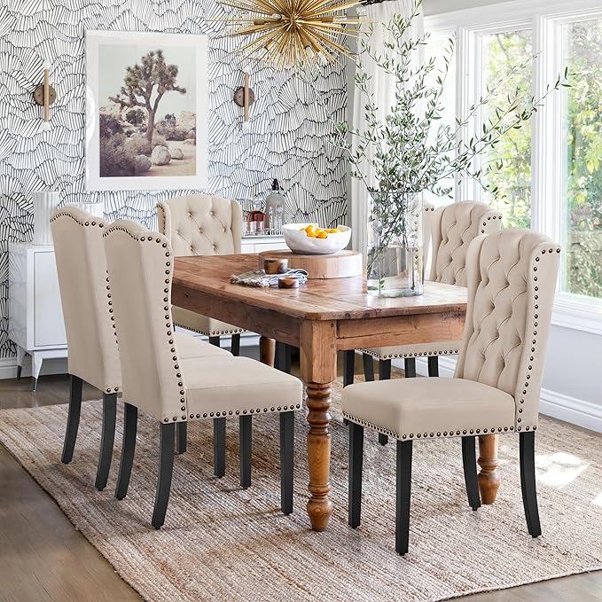 Yaheetech Upholstered Dining Chairs Set of 4 Button Tufted Kitchen Chairs with Solid Wood Legs and Nailhead Trims for Dining Room, Living Room, Restaurant, Beige