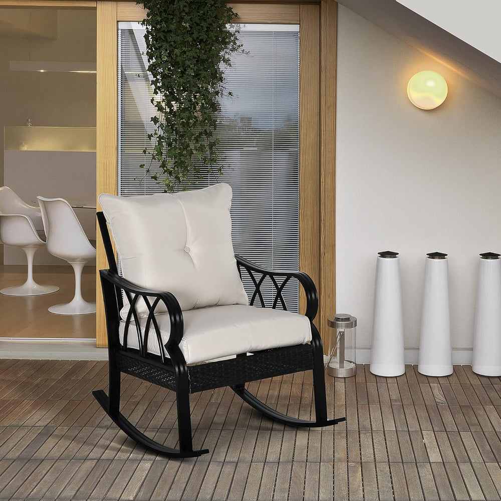 Outsunny Outdoor Wicker Rocking Chair with Padded Cushions, Aluminum Furnitur...