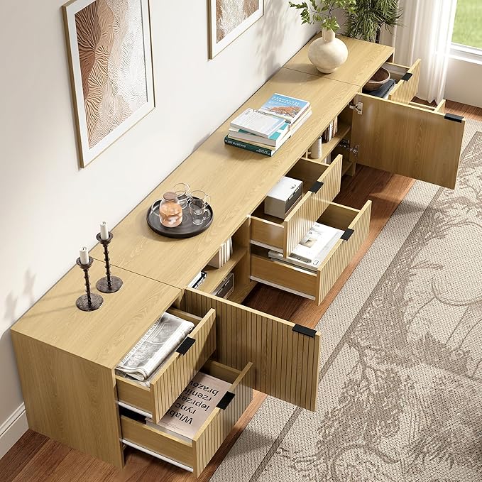 Fluted TV Stand for Living Room, Modern TV Console with 6 Drawers,Wood Entertainment Center with Storage Cabinets & Adjustable Shelves for Living Room, for TVs up to 100",Natural Oak