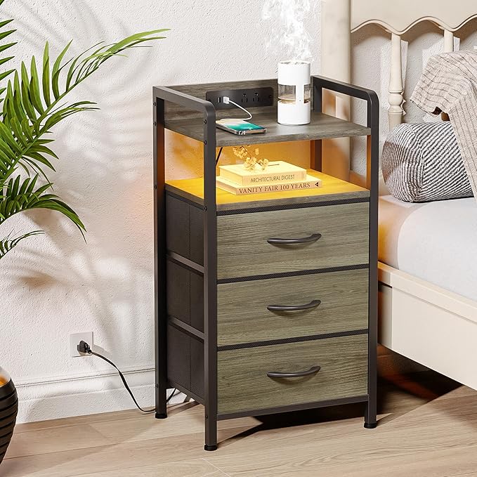 Night Stand with Charger Station - Grey Nightstand with LED Light Strip, Mord...