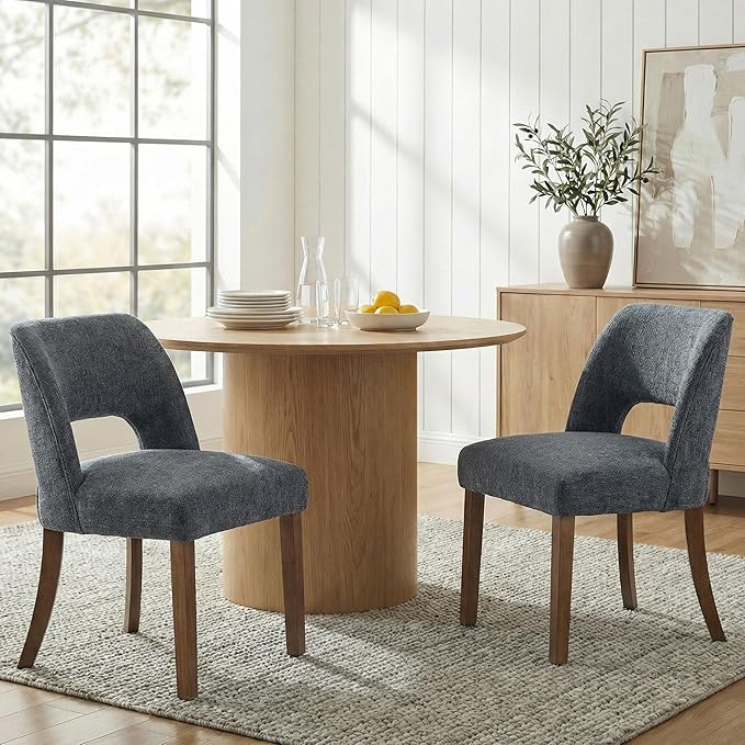 keoni Wooden Dining Chairs Set of 2, Mid Century Modern Upholstered Dining Room Chairs with Rubberwood Legs, Fabric Farmhouse Kitchen Chairs with Foot Pegs for Dining Room, Navy Blue