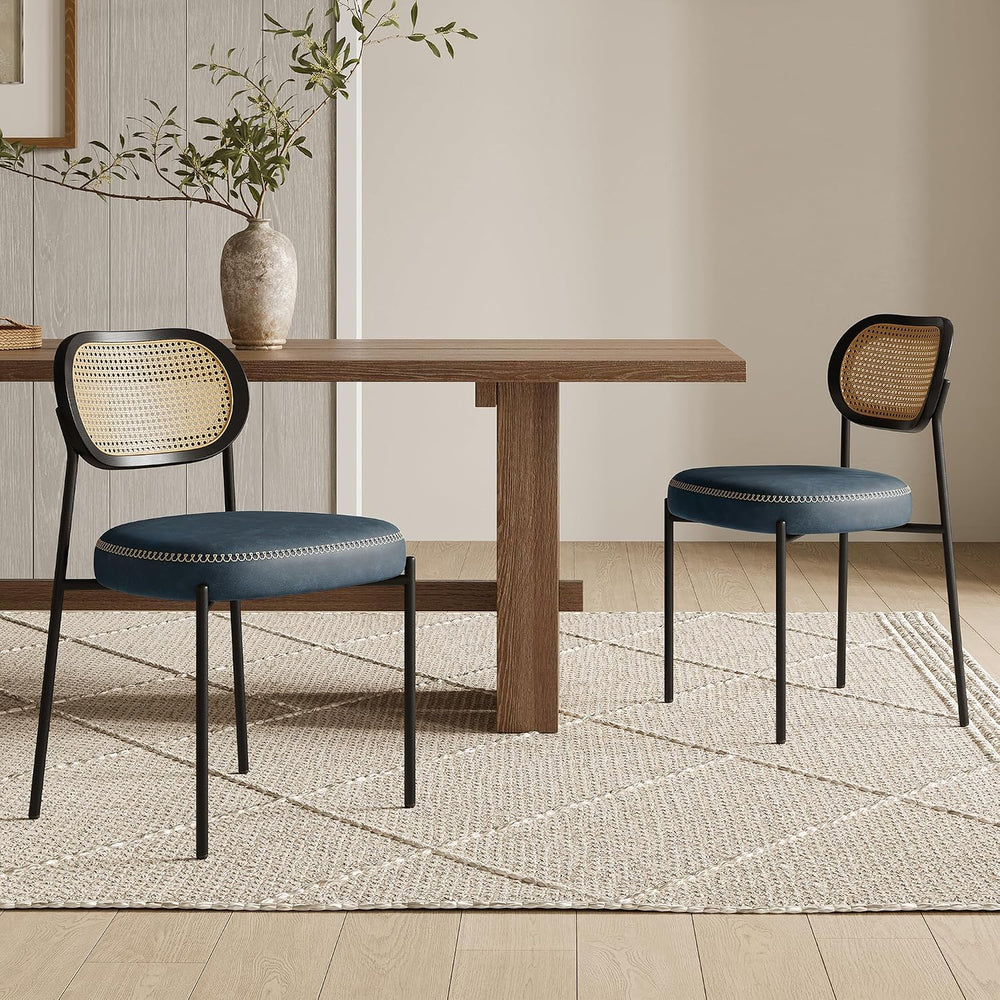Rattan Dining Chairs Set of 2, Blue Leather Upholstered Dining Chairs with Ra...