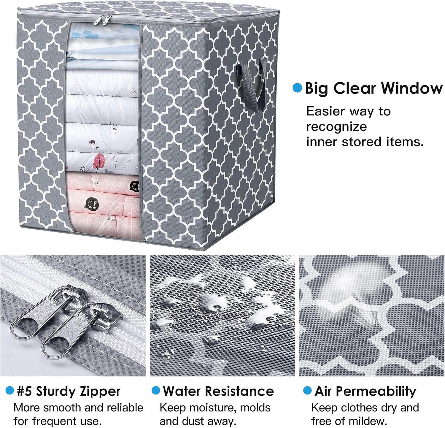 WISELIFE Storage Bags 6 Pack/100L Large Blanket Clothes Organization and Storage Containers for Comforters,Bedding, Foldable Organizer with Reinforced Handle, Clear Window, Sturdy Zippers,Light Gray