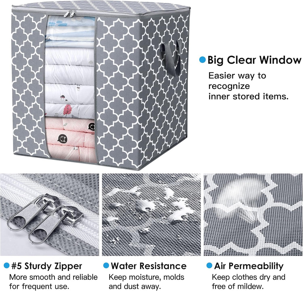 WISELIFE Storage Bags 8 Pack/100L Large Blanket Clothes Organization and Storage Containers for Comforters,Bedding, Foldable Organizer with Reinforced Handle, Clear Window, Sturdy Zippers,Light Gray