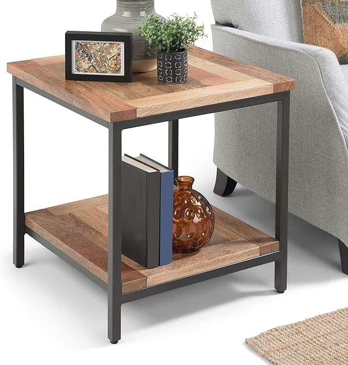 SIMPLIHOME Skyler SOLID MANGO WOOD and Metal 22 inch Wide Square Industrial E...