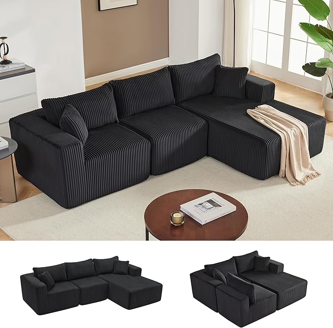 97" Modular Sectional Sofa, L-Shaped Boneless Couch with Deep Seat, Cozy Cloud Couch Sectional with Convertible Ottoman, Modern Sectional Couches for Living Room（ Black）