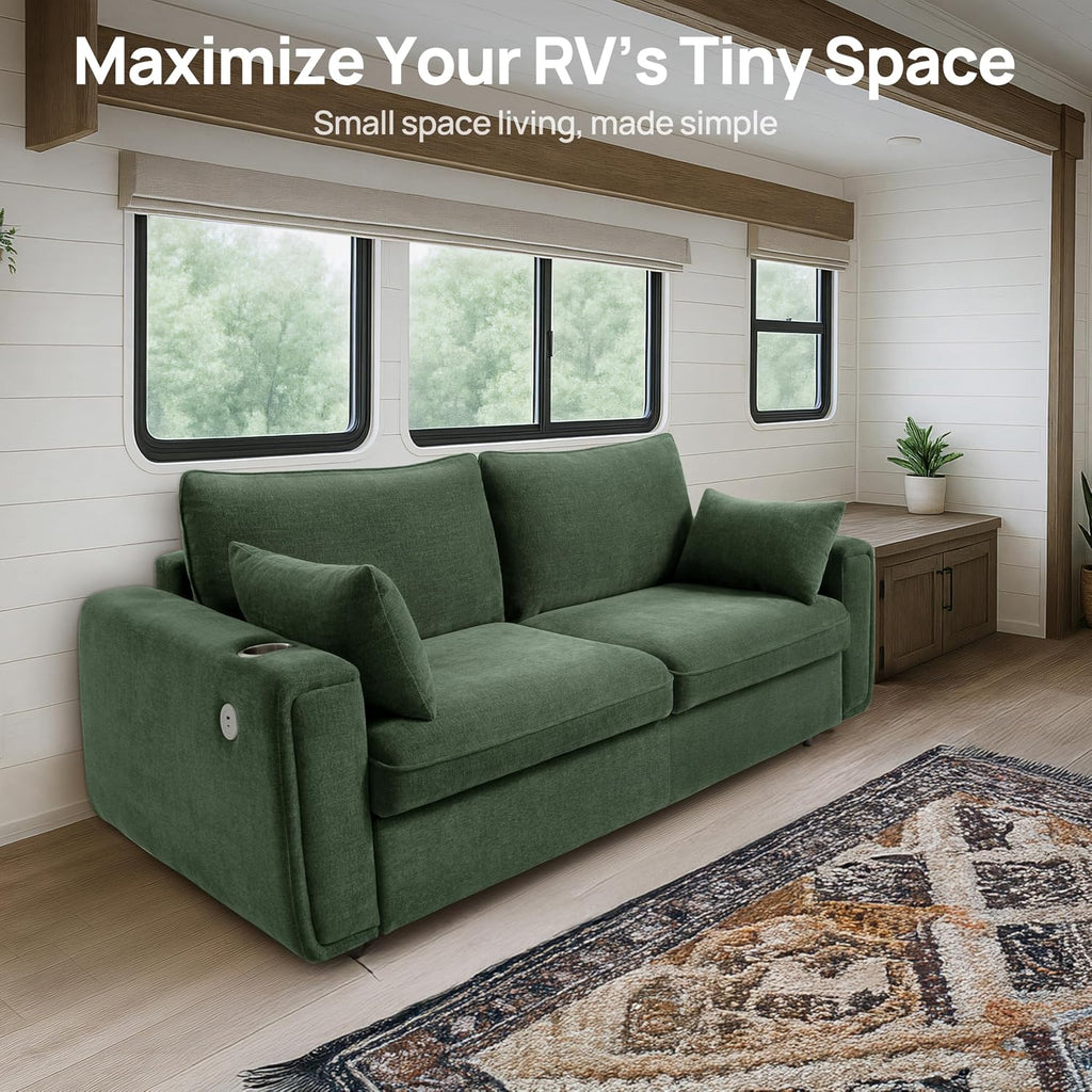 Pull Out Sofa Bed, No Cushion Removal, Queen Sleeper Sofa with USB Fast Charging, Memory Form Mattress, 2-in-1 Convertible Comfy Loveseat Couch Bed for RV, Apartment, and Small Spaces (Green)