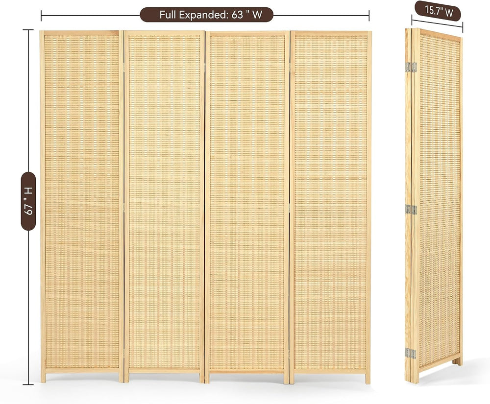 4 Panel Bamboo Room Divider, Folding Privacy Screen, Natural