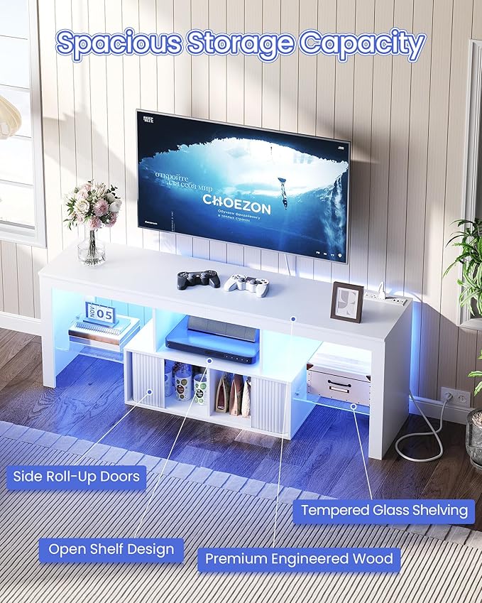 TV Stand with Power Outlet, Modern TV Cabinet for 55 60 inch TVs, Media TV Console with LED Light Strip, Media Entertainment Center with Storage, for Living Room, Bedroom, White MDS02UDWB