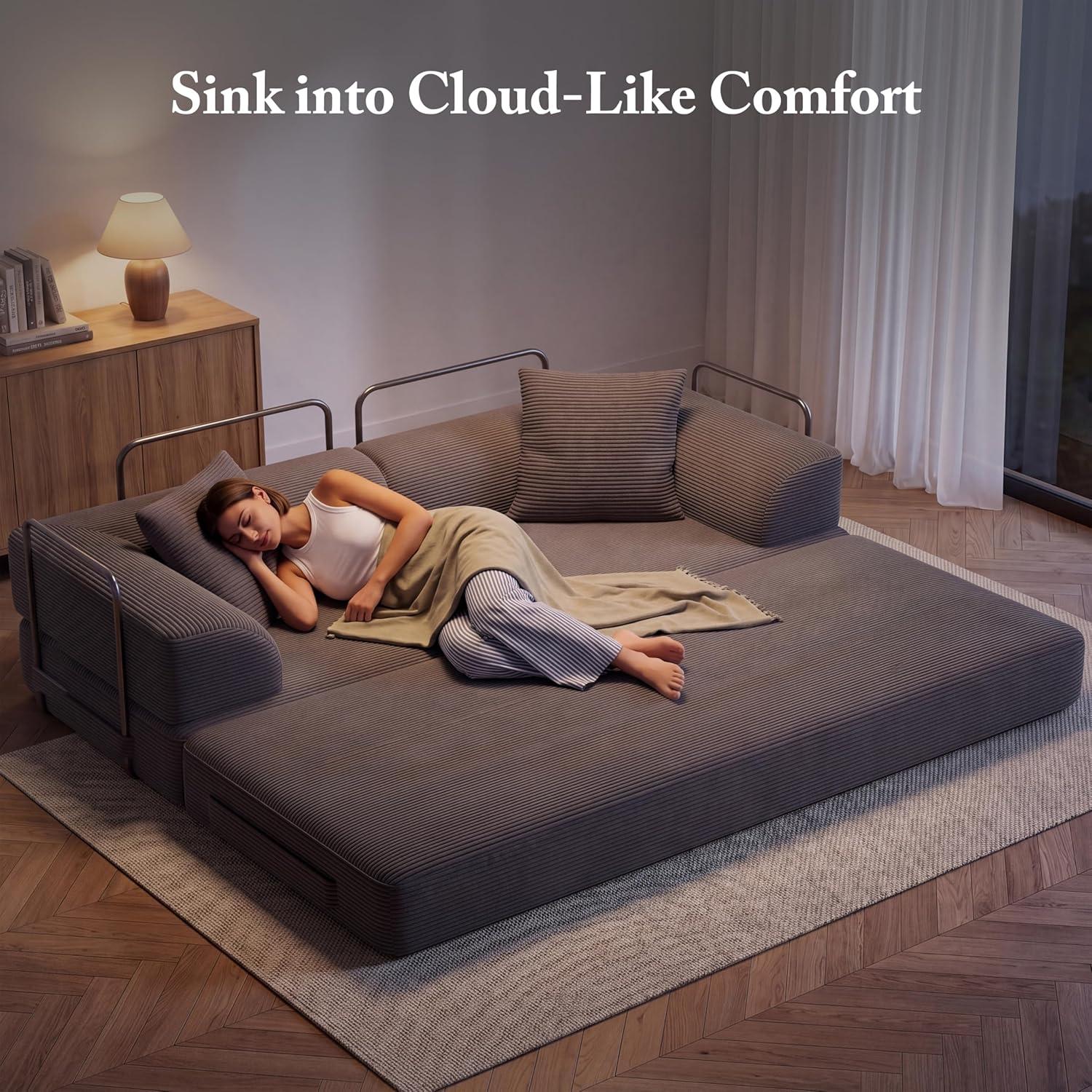 Cloud Boneless Couch Futon Sofa Bed, 5-in-1 Convertible Sofa Bed Pull Out Couch Sleeper Sofa Compressed Loveseat, 70" High-Density Sponge & Corduroy Fabric Futon Daybed for Living Room Bedroom (Gray) | 5-in-1 Convertible