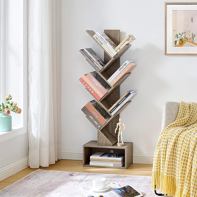 Hoctieon 6 Tier Tree Bookshelf, Tall Bookcase with Drawer, Freestanding Book Shelf, Display Floor Standing Storage Shelf, Book Organizer Shelves for Home Office, Living Room, Bedroom, Greige