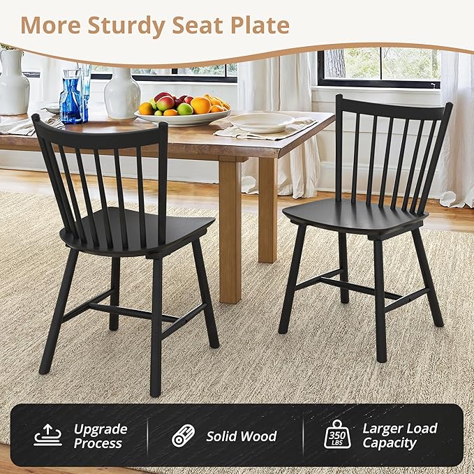 LUE BONA Upgraded Dining Chairs Set of 6, Farmhouse Wooden Spindle Back Kitchen Chairs, Windsor Dining Chairs for Kitchen and Dining Room, Black