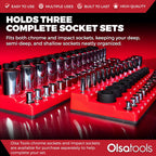 Olsa Tools Magnetic Socket Organizer | 3pc Socket Holder Kit | 1/2-Inch, 3/8-Inch, & 1/4-Inch Drive | Socket Organizers For Toolboxes | Red | Holds 123 | Professional-Grade Tool Organizer | Part 1560
