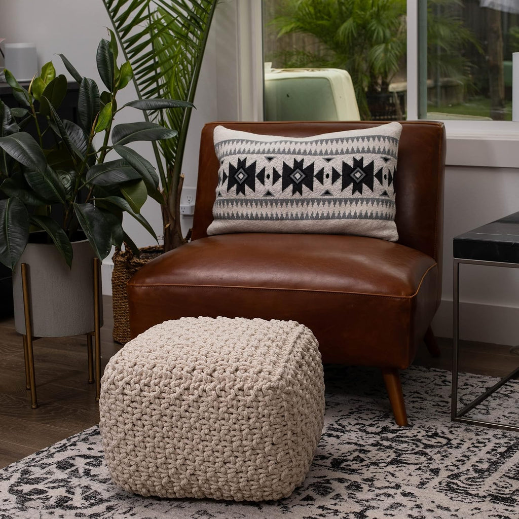 BIRDROCK HOME Square Pouf Ottoman - Cotton Braided Foot Stool with Bean Bag Filling - Compact and Comfortable Seating, Lightweight and Sturdy Boho Foot Rest for Living Room or Bedroom (Natural)
