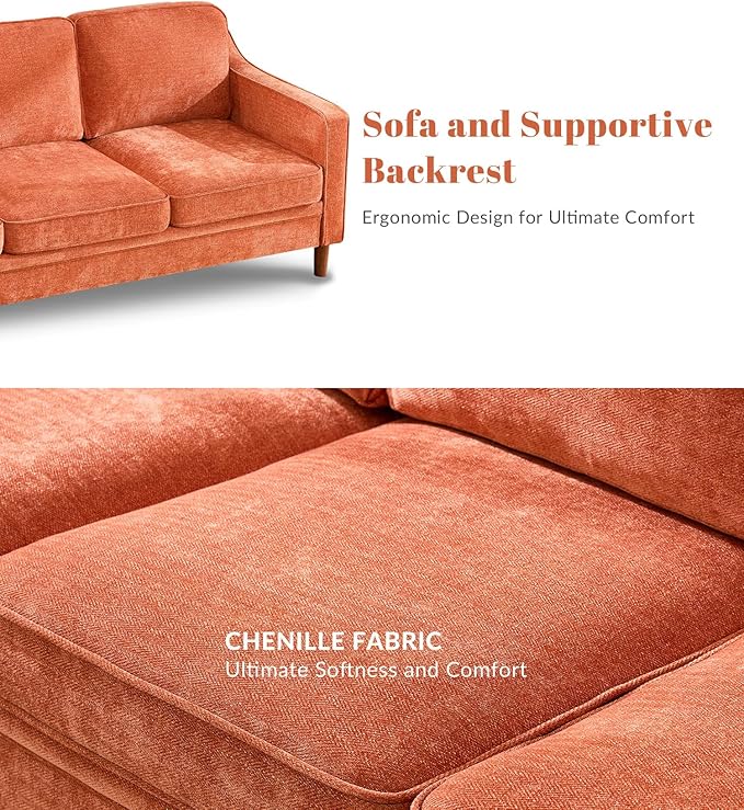 Kingfun 80" Chenille Sofa, 3 Seater Couch, Mid Century Modern Couches with Solid Wood Legs for Living Room & Bedroom, Orange