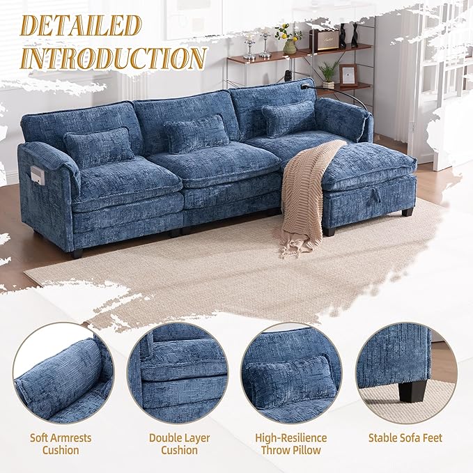Ball & Cast Modular Sectional Sofa,L Shaped Couch with Movable Storage Ottoman,Chenille Upholstered Sofa W/USB Charging Port,Phone Holder and Side Pocket,for Living Room,Apartment,Navy,109"