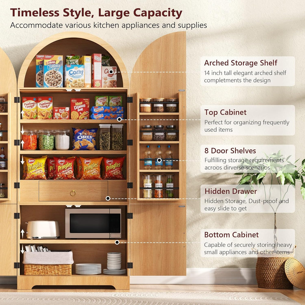72" Tall Arched Cabinet with Doors, Modern Farmhouse Kitchen Storage Cab...