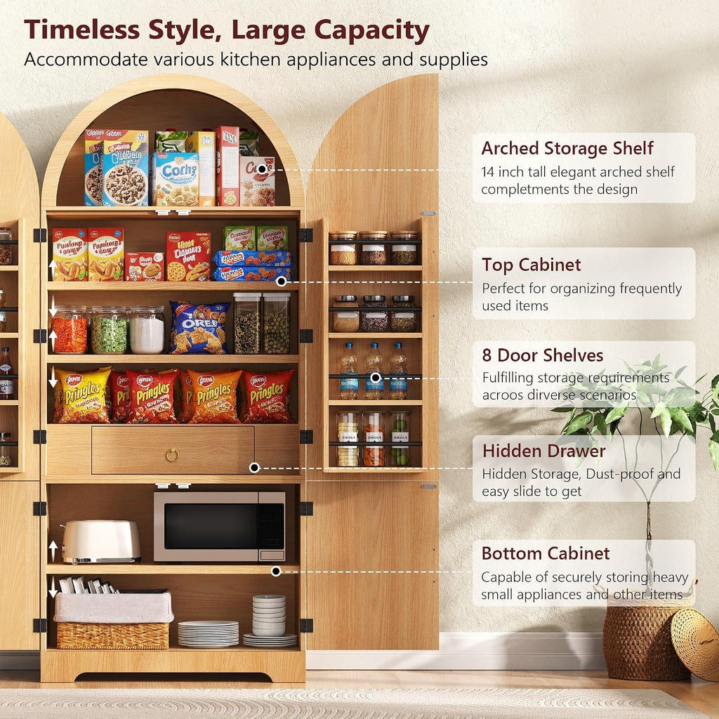Polibi Arched Fluted Pantry Cabinet, 72" Tall Kitchen Storage with 8 Door Shelves, 3 Adjustable Shelves & Hidden Drawer, for Kitchen, Dining Room, Natural