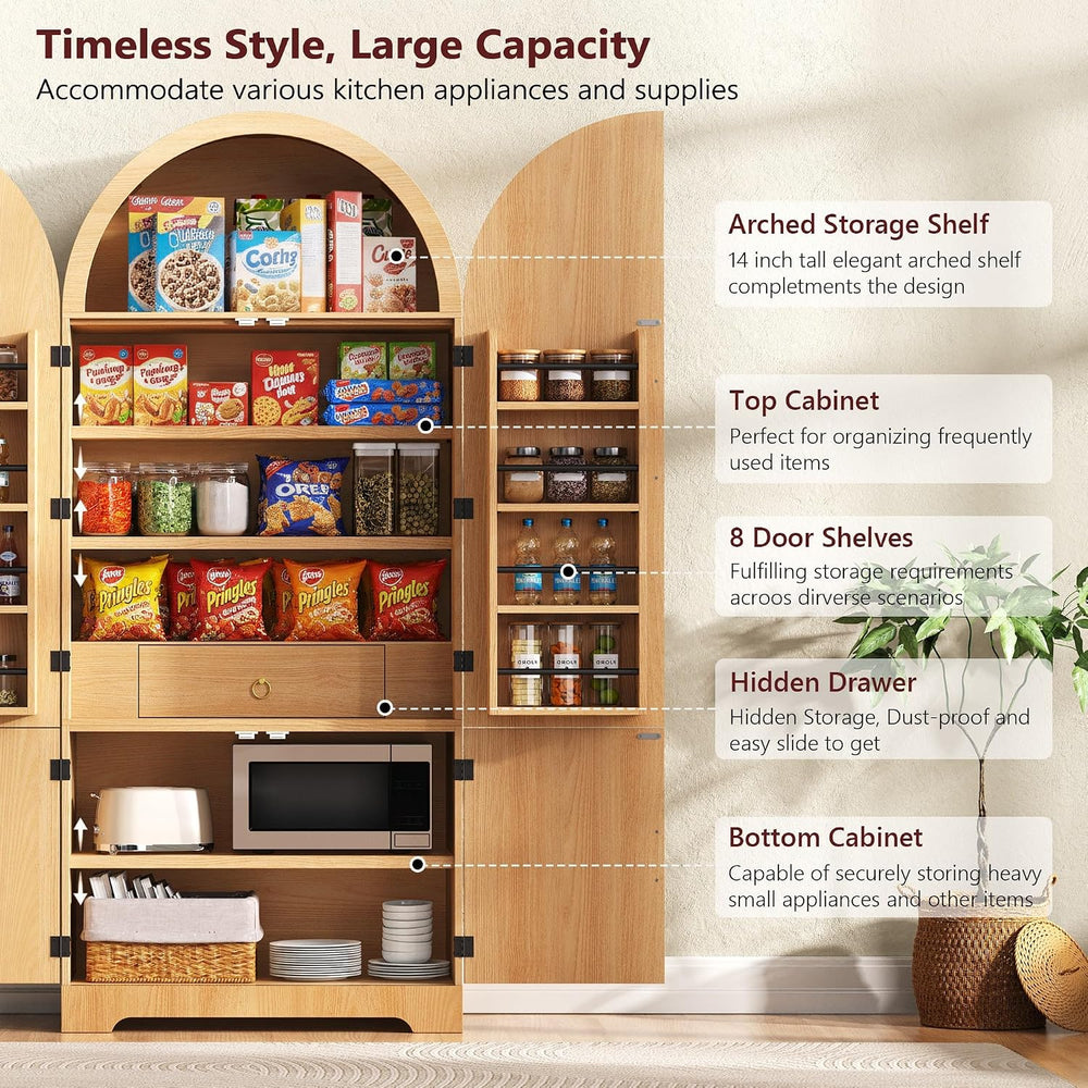 72" Tall Arched Kitchen Pantry, Mid-Century Fluted Wood Storage Cabinet ...