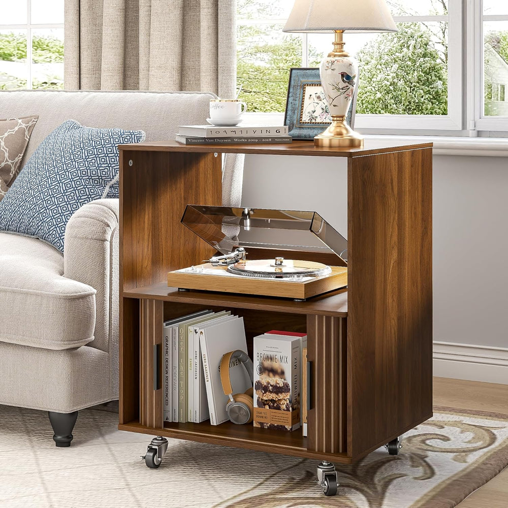 Side Table with Storage, Small End Tables with Sliding Door, Rolling Night St...