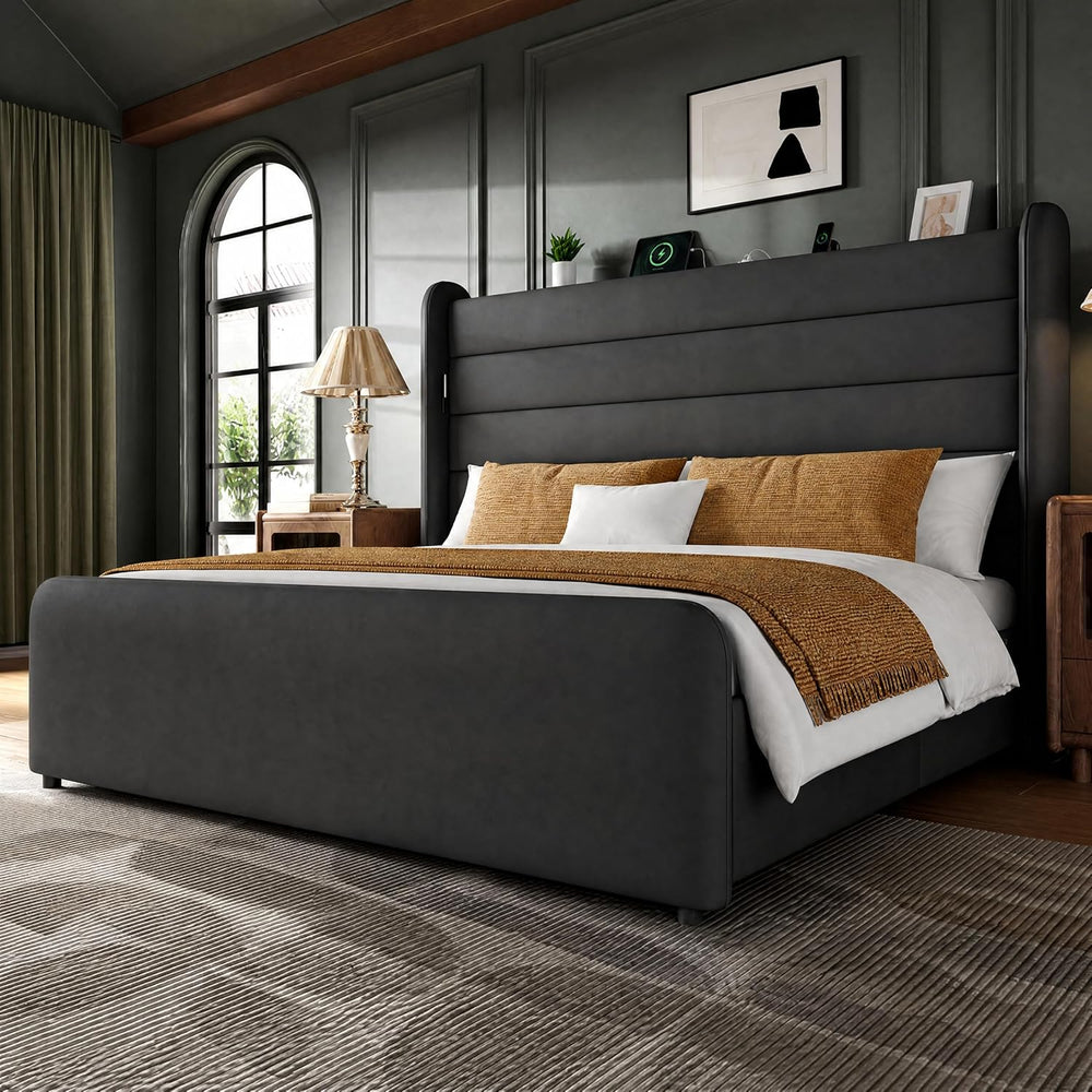 King Size Bed Frame with 59'' Tall Headboard with Readlight, Black