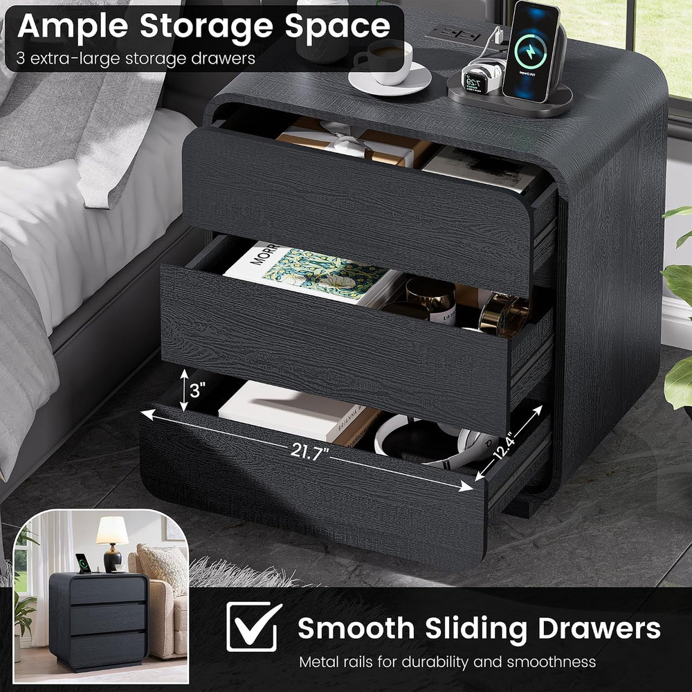 Standifurno Black Curved Night Stand Set of 2 with Charging Station, 25"...