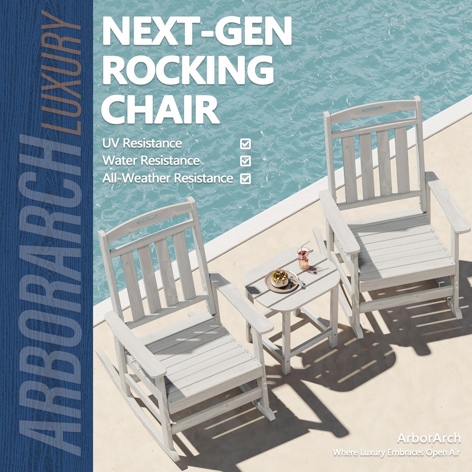 Outdoor Rocking Chair Oversized of 2 & Side Table Set, HDPE All Weather Resistant Patio Rocker, 31.5" High Back 21.5" Deep Seat Porch Chairs Set for Lawn Garden Deck Balcony 400lbs Capacity(White)
