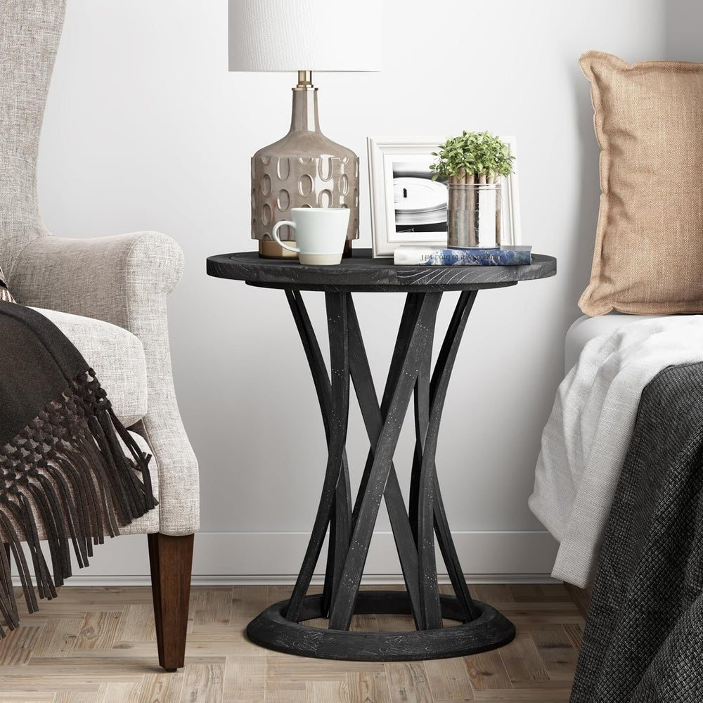 COZAYH Round Farmhouse End Table with Crisscross Pedestal Base, Distressed Fi...