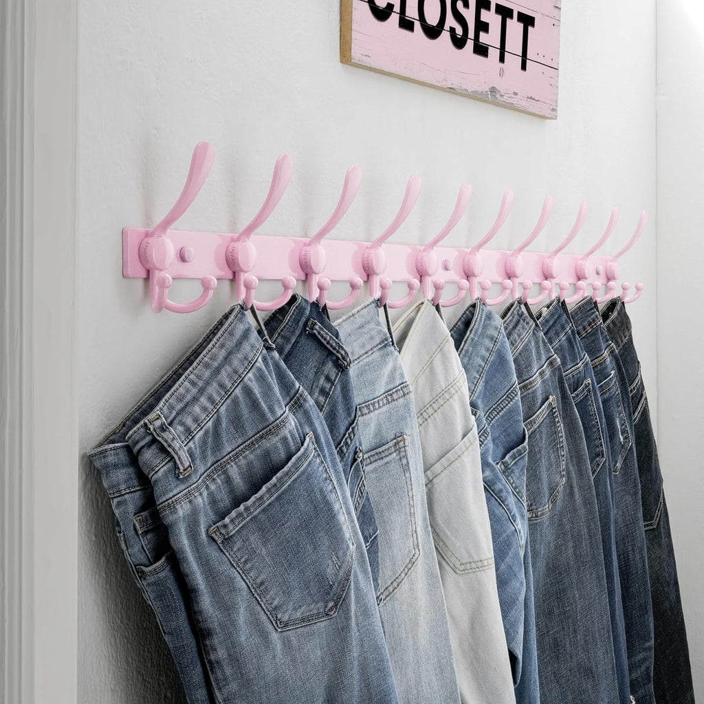 Dseap MaxStrong 2.0 Coat Rack Wall - 37” Long 10 Tri Hooks - Ultra Heavy-Duty Stainless Steel Wall Mount Coat Hanger, Hook Rail for Clothes Hats Jacket Towels Pink, Pack of 2