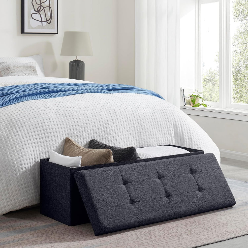 Ornavo Home 43 Inch Folding Extra Large Storage Bench, Linen, Black | Upholst...