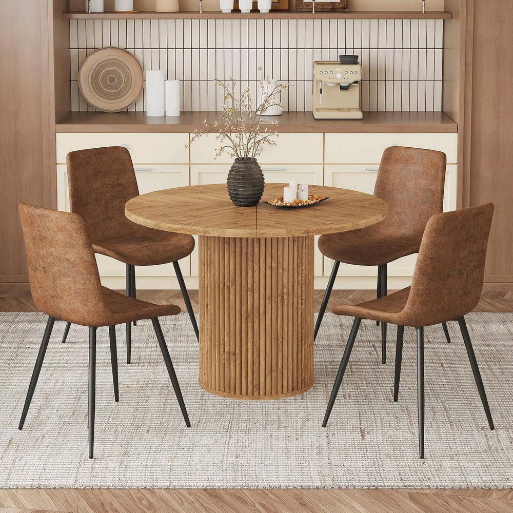 AZmac Round Dining Table Set for 4, Wooden Round Table 5-Piece with Modern Fa...