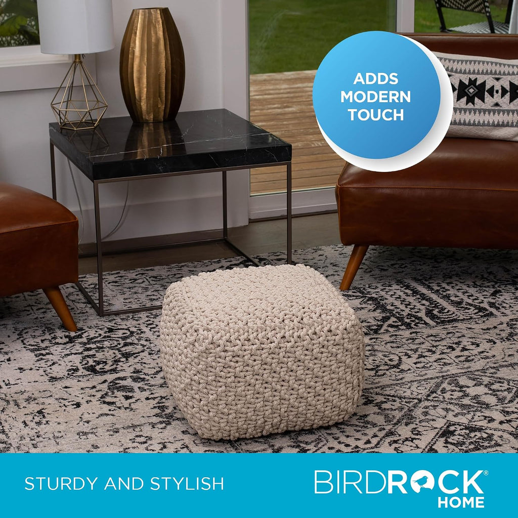 BIRDROCK HOME Square Pouf Ottoman - Cotton Braided Foot Stool with Bean Bag Filling - Compact and Comfortable Seating, Lightweight and Sturdy Boho Foot Rest for Living Room or Bedroom (Natural)