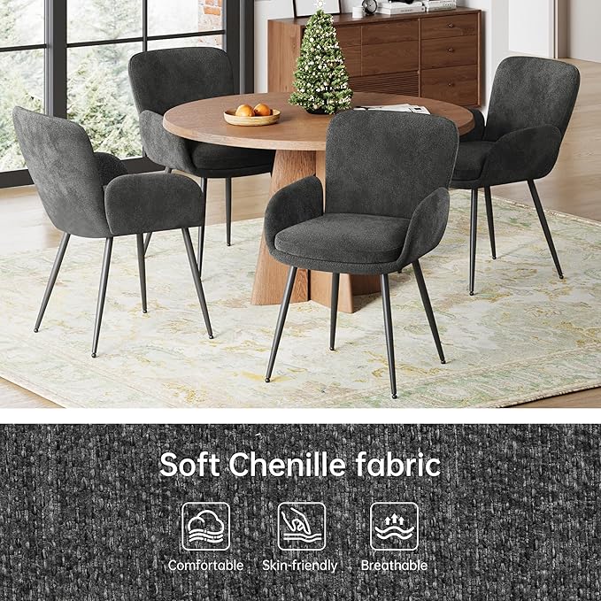 VKNOW Modern Dining Chairs Set of 4, Upholstered Dining Room Chair with Armrest, Kitchen Chairs with Curved Ergonomics Backrest for Living Room, Dining Room, Kitchen, Dark Grey