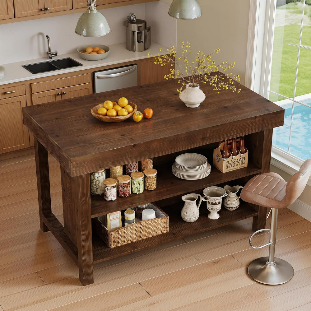 55" Solid Wood Kitchen Island with Storage, Farmhouse Kitchen Island Tab...