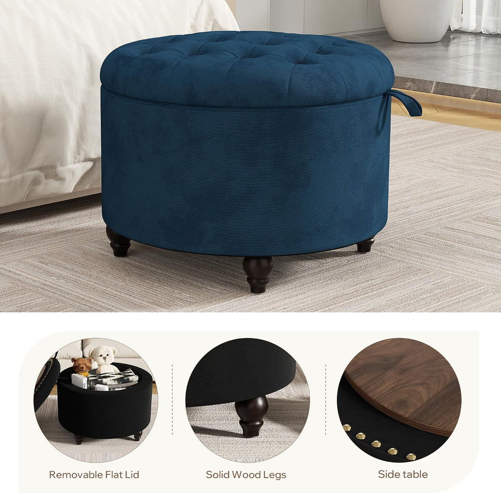 24 Inch Round Storage Ottoman,Modern Tufted Ottomans,Circular Coffee Table with Removable Top,Upholstered Large Ottoman with Storage Footrest Stool for Bedroom Living Room (Blue)