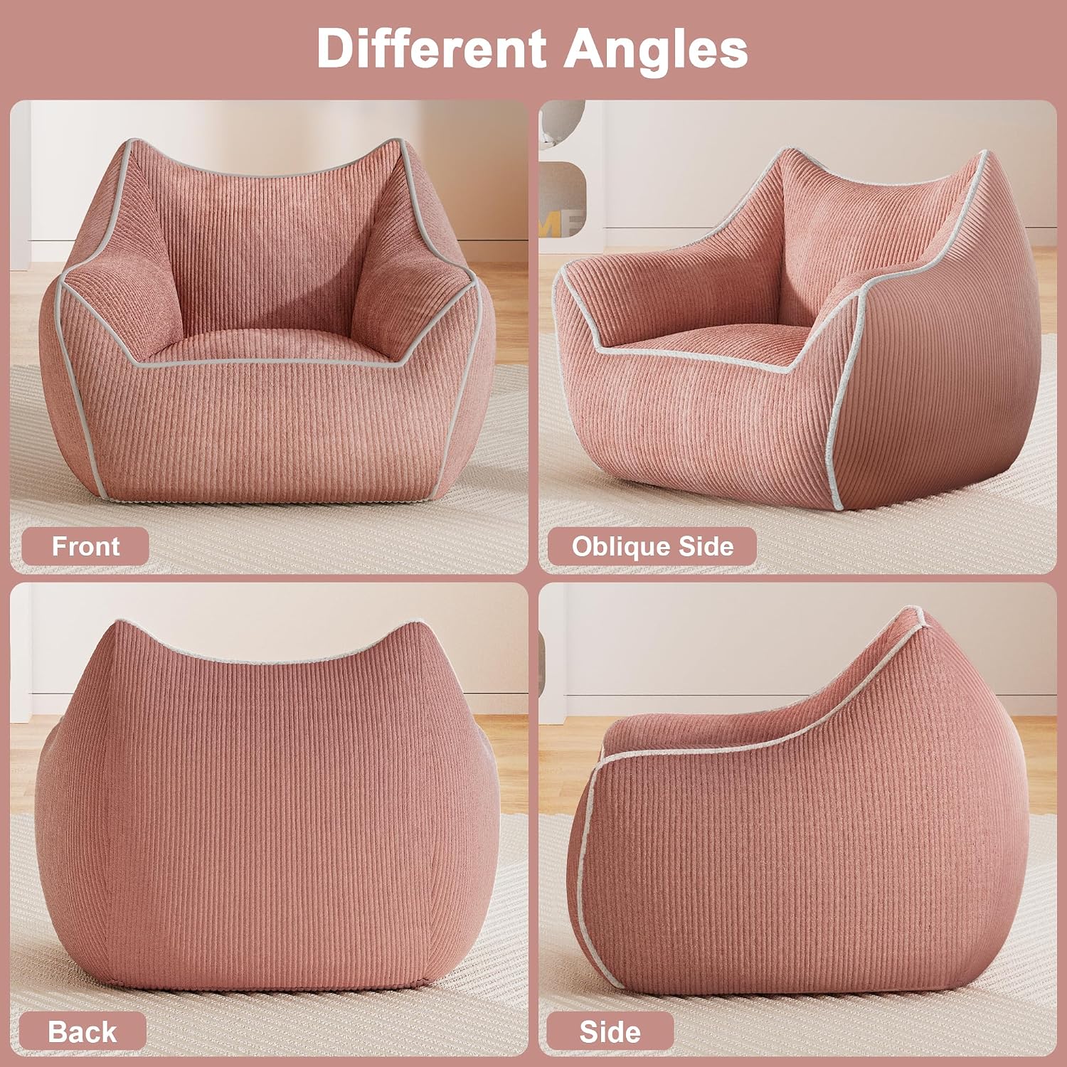 Pink Kids Bean Bag Chair, Stuffed Kids Bean Bag Sofa with Filler Corduroy Bean Bag Seat for Girls, Small Comfy Lazy Sofa Lounge Chair with Armrests and Back Support for Gaming, Reading, Pink