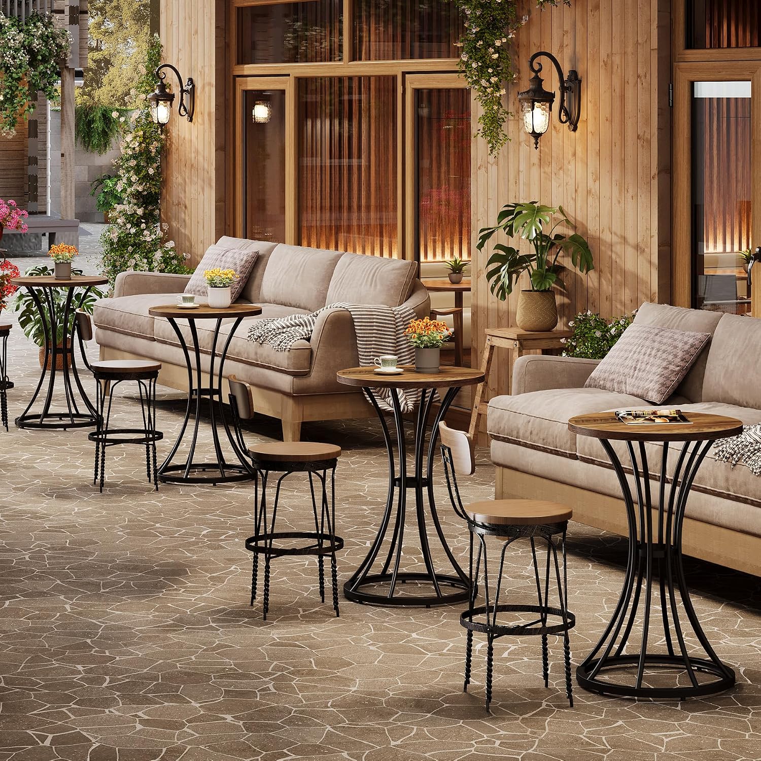 Tribesigns Round Bar Table for 2, 37.4" H Cocktail Table with Curved Metal Base, Coffee Pub Table for Spaces, Living Room, Kitchen, or Party (Brown & Black) (4)