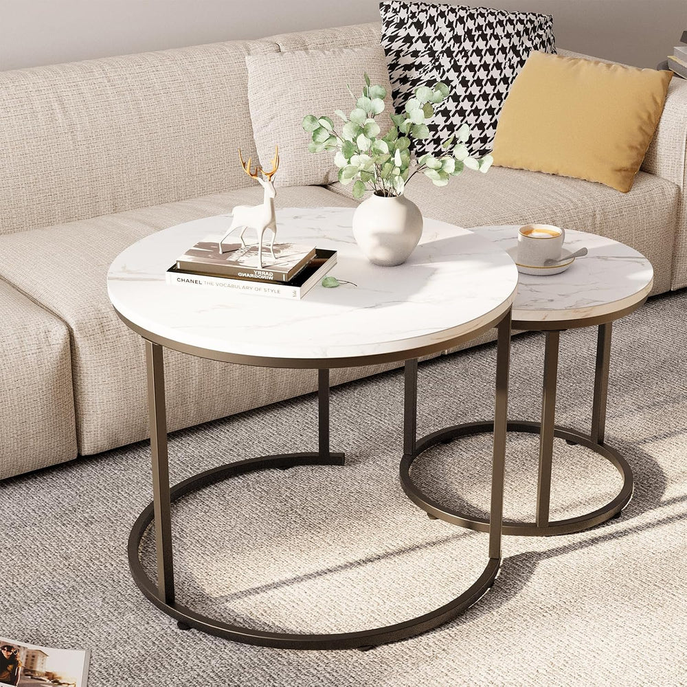 aboxoo Round Nesting Coffee Table Side Table Set of 2 End Tables for Living R...