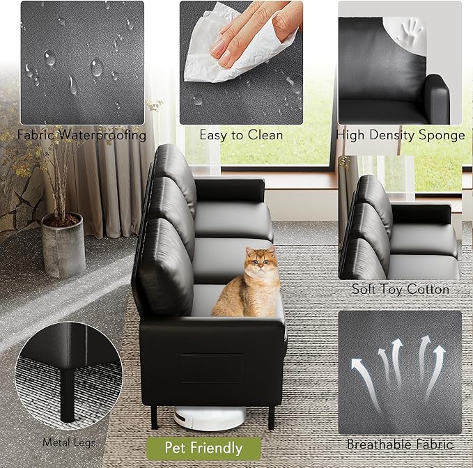 STHOUYN 72" W Faux Leather Black Sofa 3 Seat Couch, Modern Comfy Couch with 2 USB, Small Couches for Living Room Apartment Bedroom Small Spaces, Office(Black (Sofa))