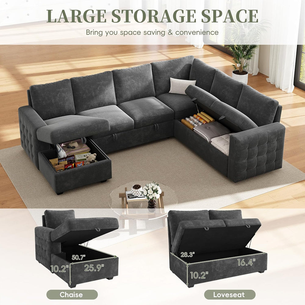 104" Sectional Sleeper Sofa Bed, 7 Seat Pull Out Couch with Storage, Gra...
