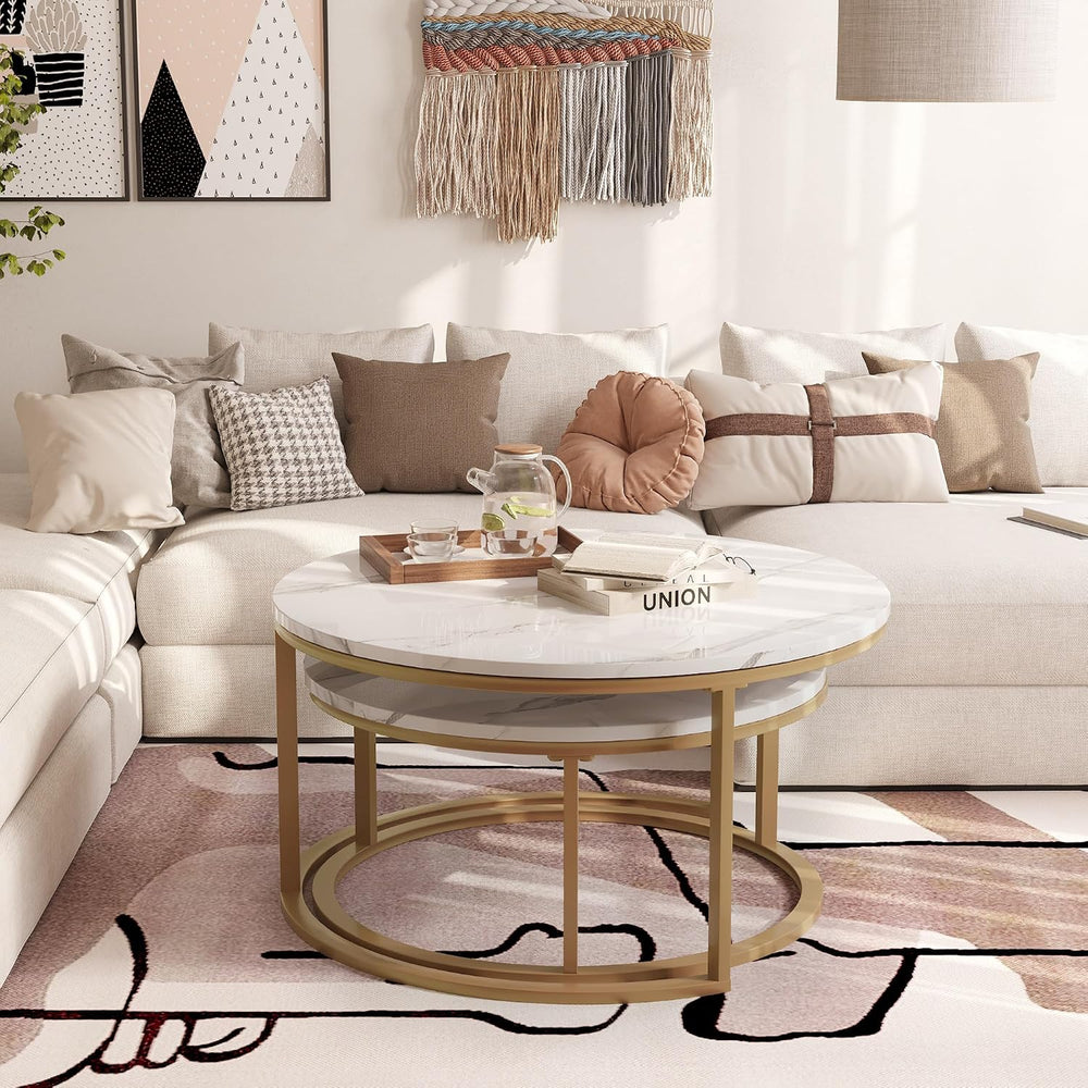 WiberWi Round Coffee Table Nesting Tables Set of 2, Large: Ø 34.0", Smal...