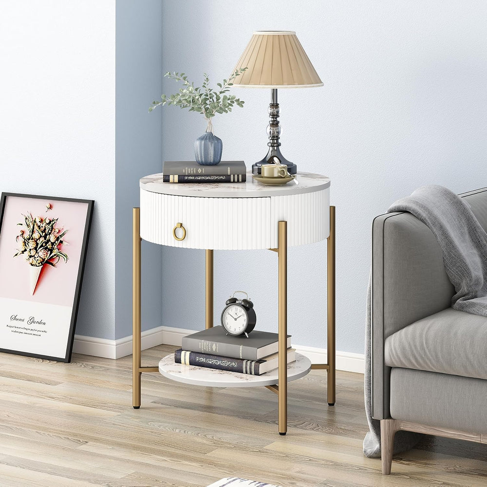 OIOG Round End Table, Nightstand with Storage, Marbling Natural Stone/Gold