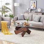 Round Glass Coffee Table, 33.4-Inch Clear Tempered Glass Top | Rustic Walnut-Finish Crossed Base, Modern Glass Center Table for Living Room, Apartment and Small Spaces