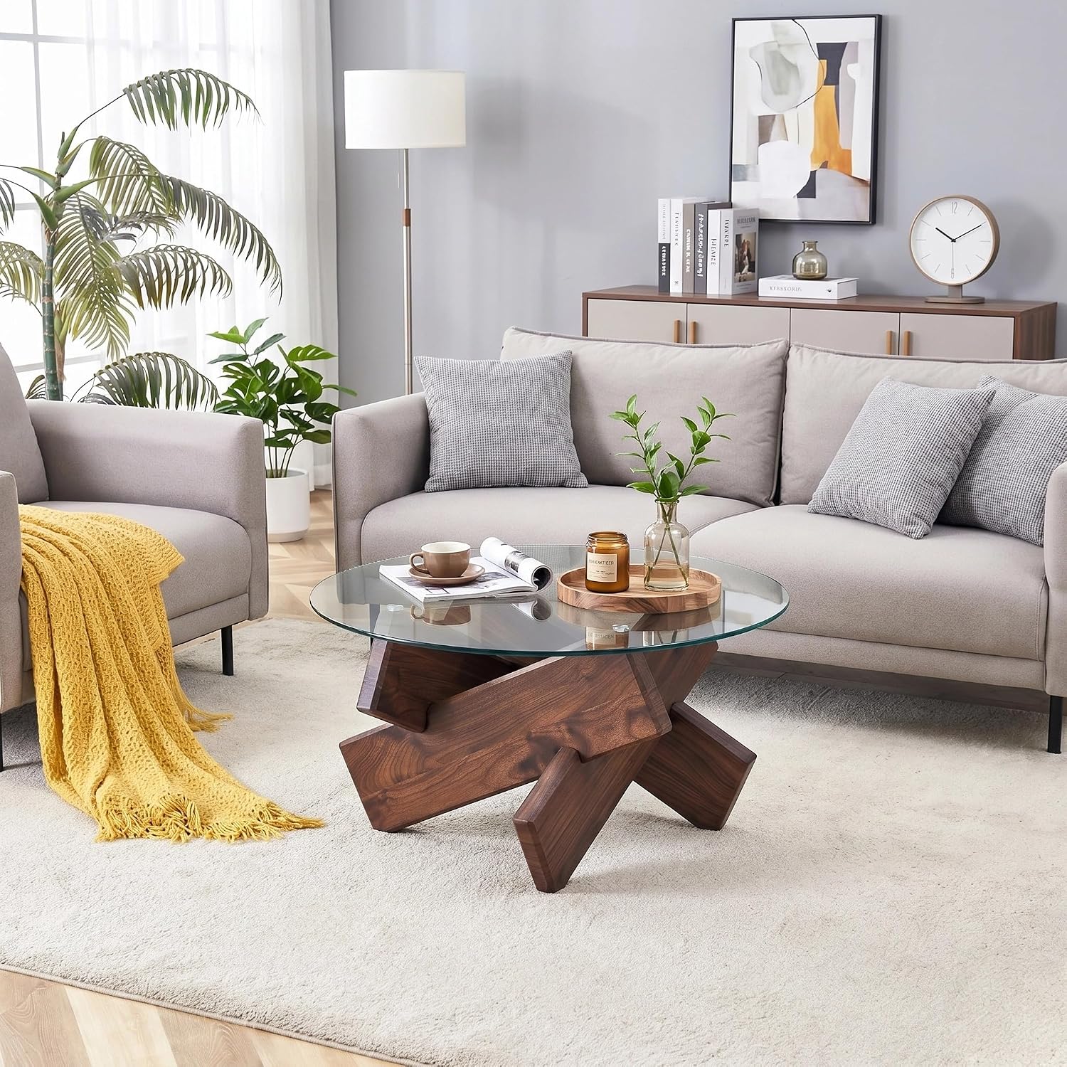 Round Glass Coffee Table, 33.4-Inch Clear Tempered Glass Top | Rustic Walnut-Finish Crossed Base, Modern Glass Center Table for Living Room, Apartment and Small Spaces