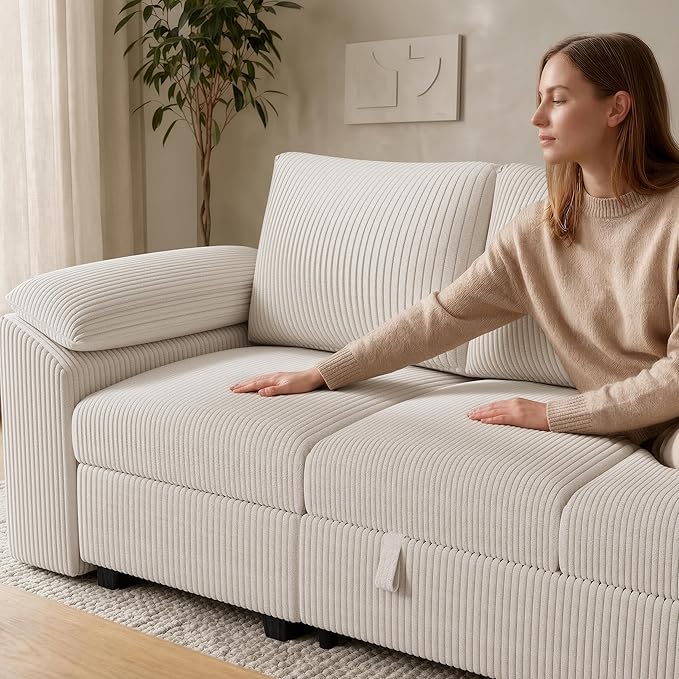 108 Inch Sectional Sleeper Sofa Bed with Pull Out Couch, U Shaped 7 Seat Cloud Modular Sectional Sofa with Storage, Corduroy Sectional Couches for Living Room, Removable Sofa Cover, Beige